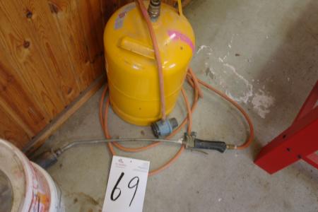 Gas flaske med ukrudstbrænder, manometer og slange, gas flaske er tom 