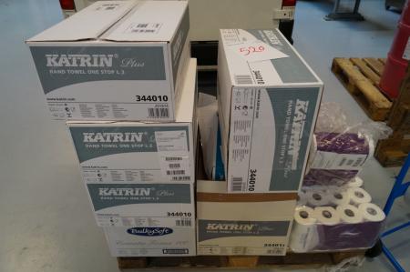 Palle med diverse Katrin plus håndtørre papir ruller. 7 ks plus løse pakker á fire ruller.