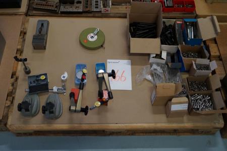 Pallet with measuring tools, machine vise Allen and others.