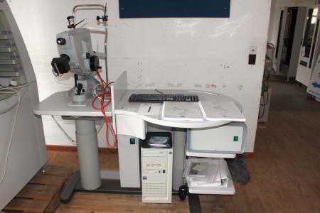 Fundus Camera Zeiss FF 450 plus, with Visupac System VM 020 Volume 2002, mounted on table with electric lift / lowering function. Working upon dismantling, Service recommended.