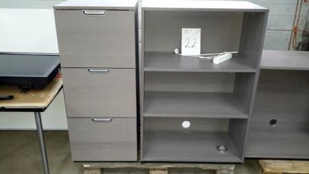 Grey bookcase and file cabinet.