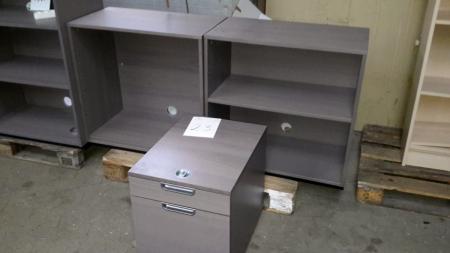 2 pcs. gray shelving and filing cabinet on wheels.