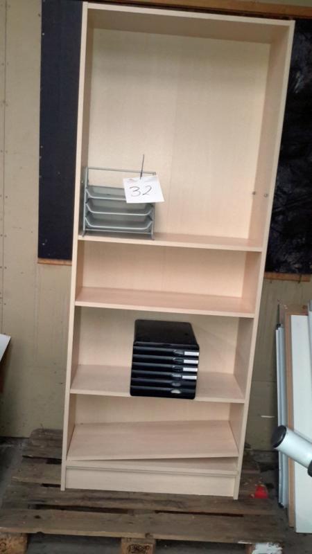 Light shelving unit with 5 pcs. shelves and office supplies.