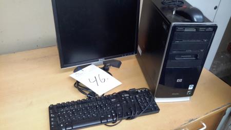 HP PC mit Versorgungskabel, Monitor, Tastatur und Maus.