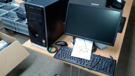 Hp pc with supply cable, monitor, keyboard and mouse.