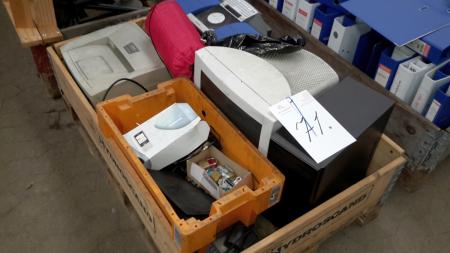 Pallet with various computer parts, monitor, PC, printer and radio (condition unknown)