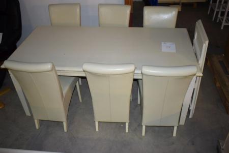 Spisebord, råhvid, L 200 X B 152 cm/100 cm + 2 tillægsplader á 52 cm/stk. 6 stole, råhvid skind