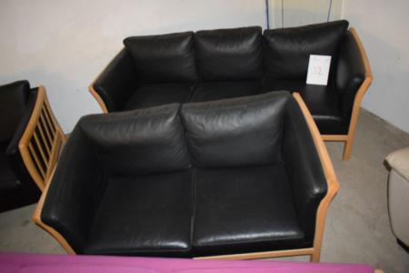 3 + 2 pers. Leather sofas, black / beech