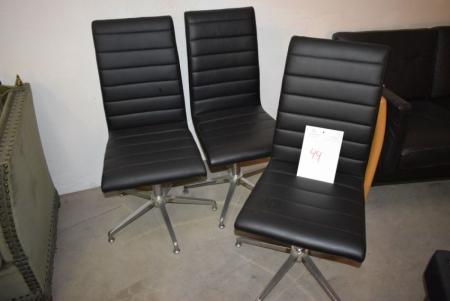 3-tlg. Stühle, schwarzes Leder, Chromrahmen