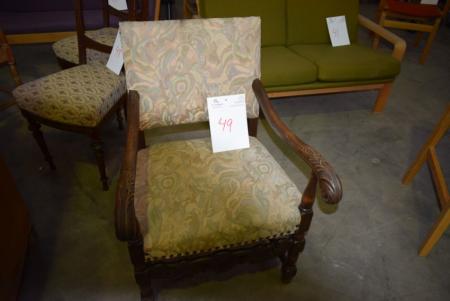 Armchair, wooden m. Carvings, patterned fabric