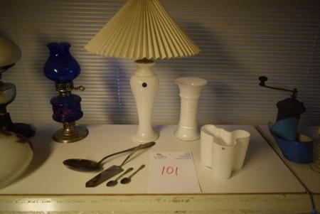 Lamp, 2 vases + silver spoons