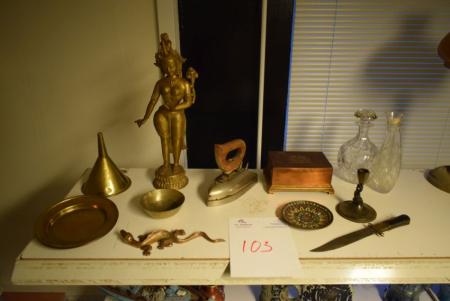 Figure lady, brass, iron, bowl and funnel copper