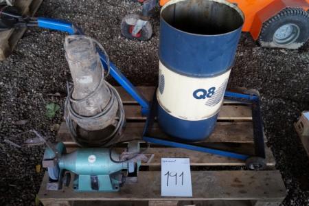 Pallet with pump grinder and oil barrel
