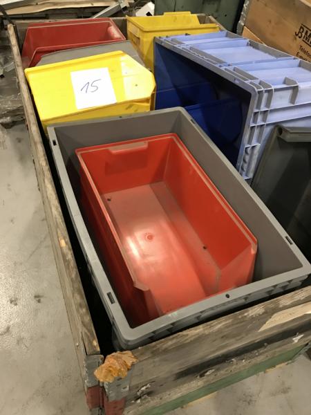 Pallet with various plastic boxes (pallet and frames not included)