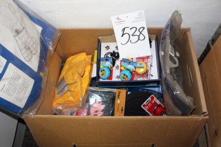 Box of assorted ring bells bracket for bicycle seat + rain cover, etc.
