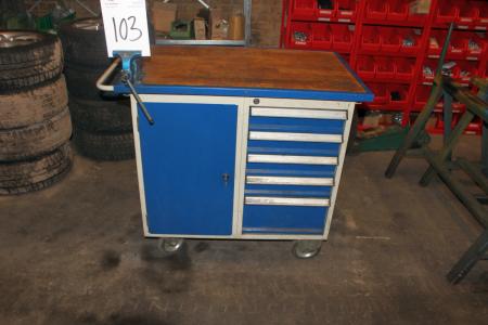 Workshop trolley with vice and containing miscellaneous hand tools