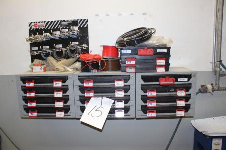 3 pcs assortment racks containing various terminals, fuses, rivets and hose clamps, etc.