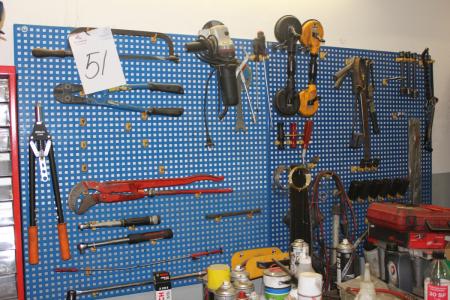 Tool board containing various hand tools, etc.