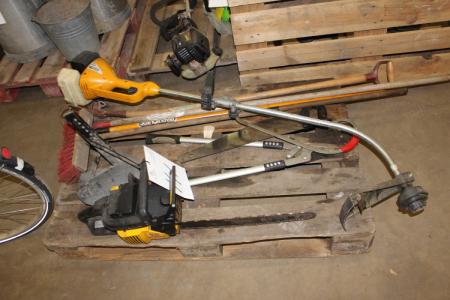 Chainsaw, grass trimmer and various garden tools