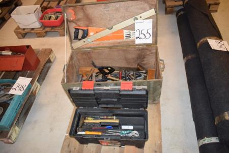 Toolbox with content + Wooden box with assorted tools