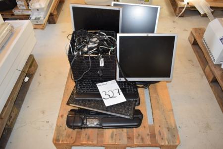 Verschiedene Computer-Monitore, Tastaturen + Box mit Computer