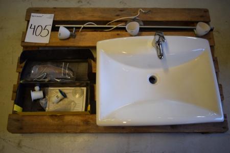 Håndvask med armatur. Ubrugt + skinne m. 3 halogen lamper