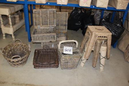 3 pcs stools + picnic basket + dies + basket + 2 square baskets with lids.