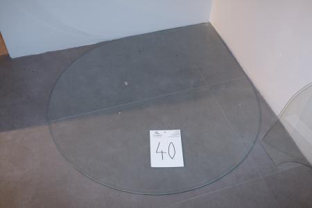 Teardrop-shaped floor plate of glass for a corner. Length 132.5 cm, width 109.5 cm.