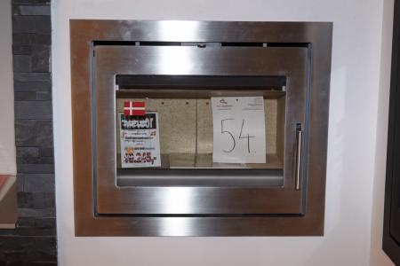 Fireplace, Meteor Jupiter 470. Unused fireplace with standard frame in stainless steel. H: 54 cm x W: 63cm x D: 41.6 cm.