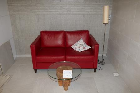 1 piece. two-seater sofa in red, 1 pc. coffee table with glass top and a lamp.