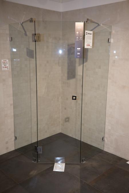 Corner Shower, ARC model 9. Height 2000mm top edge of the glass (2035 edge strut), side glass 60 cm wide with struts, door glasses 59.5 cm. Must be removed by the purchaser.