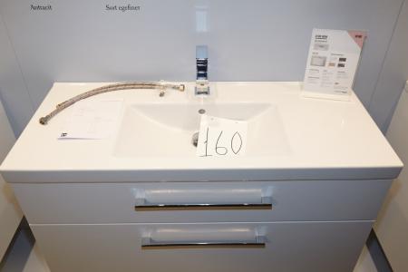 Aspen A100 Icon baths Furniture consisting of: sink in porcelain 1005 x 50 x 430 mm, white with tap from INR in chrome. Under Box 990 x 490 x 424 mm, with 2 soft close drawers, inlay mat in the top and bottom drawer, two drawer inserts in the top drawer.