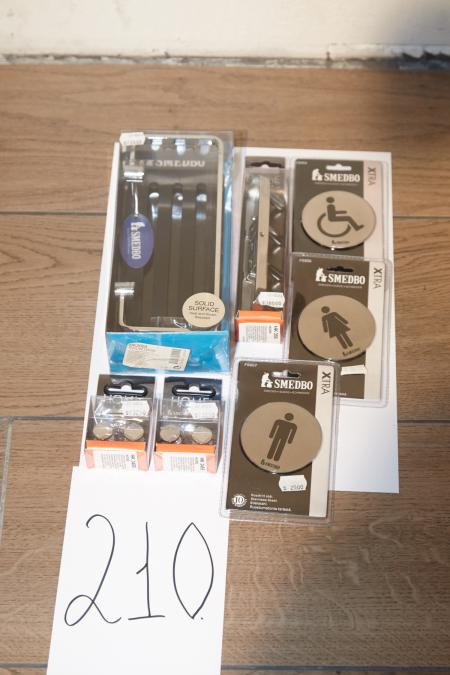 Bathroom Amenities, Smedbo. 2 sets of towel hooks with two hooks in each set, 1 pc. soap basket, 1 pc. four crooked towel hook and 3 pcs. toilet sign.