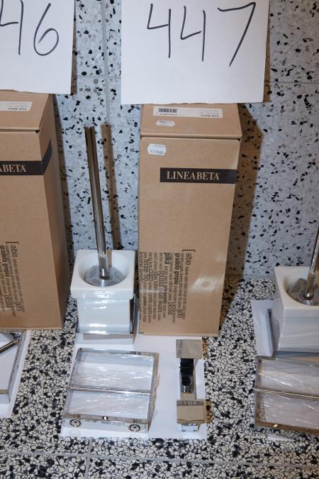 Toilet accessories, including Lineabeta toilet brush, toilet roll holder, towel rack