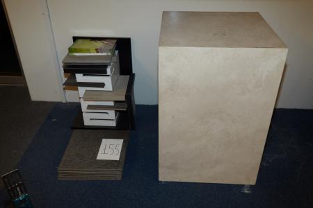 1 piece. stone plinth 90.5 x 60.5 x 60.5 cm and various exhibition tiles.