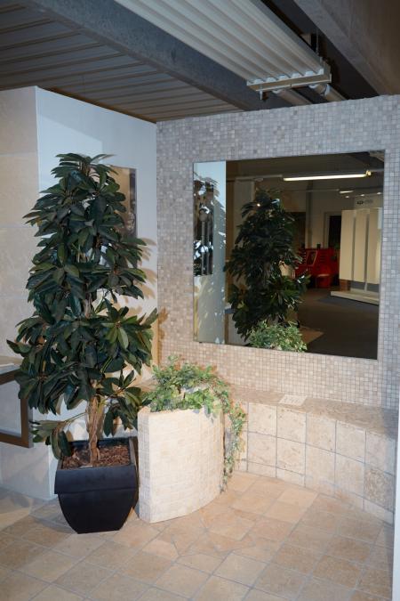 1 Stück. Spiegel 133 x 130,5 cm (muss vom Käufer entfernt werden) und 2 Stk. Künstliche Pflanze mit zugehörigem Glas.