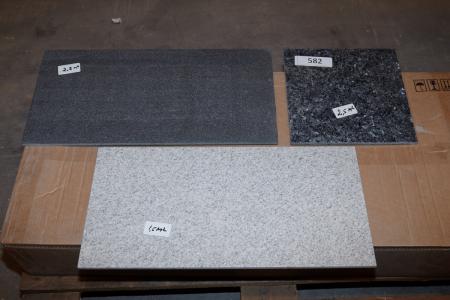 Gulv fliser. Imperial White Satin 30,5x61 cm. Ca. 1,5 kvm, Absolute Black brushed 30,5x61 cm. Ca 2,5 kvm. + ca 2,5 kvm granit.