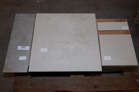 Gulv fliser diverse. Grey Soft 20x60 cm. Ca. 9 kvm + Alhambra Prima 60x60 cm. Ca 3 kvm + 30x30 cm. Ca 1 kvm + kantfliser.