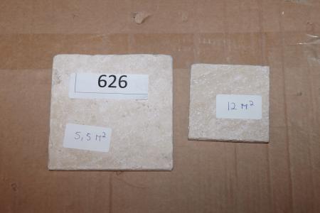 Gulv fliser. Marmor Chiaro, str. 15x15 cm. Ca. 5,5 kvm. Samme slags i str. 10x10 cm. Ca. 12 kvm.