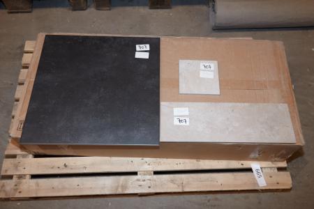 Floor tiles. Ka Nero, str. 50x50 cm. Approximately 7.5 sqm. Ka Grey, str. 15x15 cm. Approximately 4.95 sqm. Ka Grey str. 16,4x50 cm. Approximately 4.8 sqm.