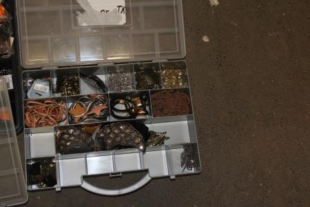 3 black ment boxes of jewelry accessories + bag of jewelry and jewelry parts