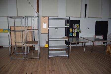 2 boards on wheels, 2 x cages, 1 pc. Steel Shelving, B 105 x H 210 cm, 4 pcs. tables, L 205 x W 120 cm, Air hockey, 3 round chairs + content in closet