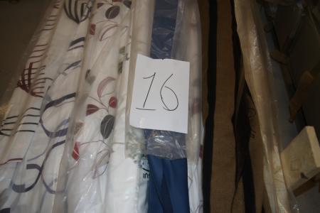 Pallet with curtain fabric in mixed colors, patterns and fabric types. Unknown amount. Can also be used if necessary. Linens, pillows, tablecloths etc.