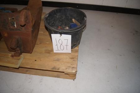 Pallet with buckets for mini excavator and bucket of miscellaneous.