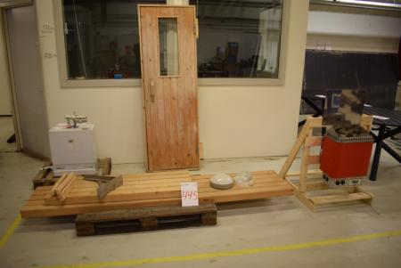 Door, benches + container with lava stones for sauna