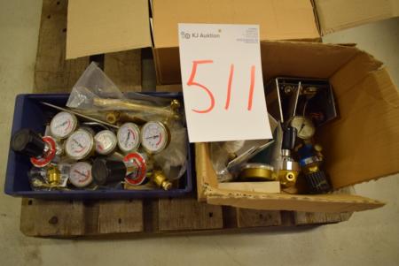 Miscellaneous manometer + regulators, wood handles for oxygen & gas, etc.