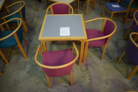 Bord, 75 x 75 cm + 3 stole, dansk design, Magnus Olesen, cherisefarvet stof, stel af bøg