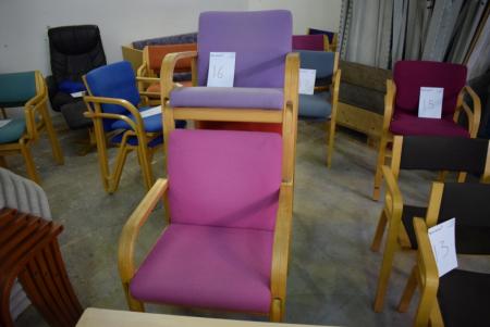 3 stk. stole, lilla, rød og cherisefarvet stof, stel af bøg