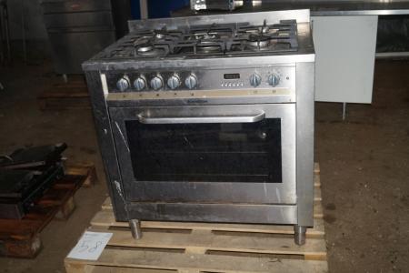 Gaskomfur med 5 kogeøer + ovn i rustfrit stål, mrk Ariston, model cp 085.