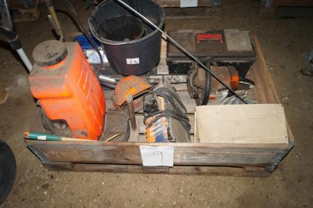 Pallet with spray, chainsaw, Torch + miscellaneous.